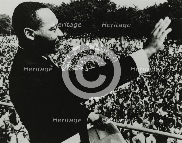Dr. Martin Luther King, Jr. waving to the crowd from the steps of the Lincoln Memorial..., 1963. Creator: Unknown.