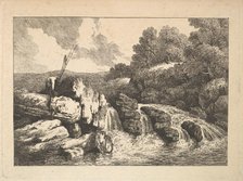 Landscape with Two Fishermen Climbing Rocks Next to a Waterfall, 1784-88. Creator: Thomas Rowlandson.