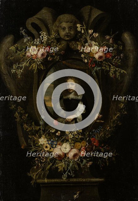 Portrait of a Man Wreathed by Flowers, c1650-1660. Creator: Flemish Master.