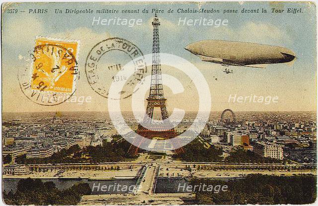 Military airship from the Chalais-Meudon park flying near the Eiffel Tower, 1908. Artist: Anonymous  