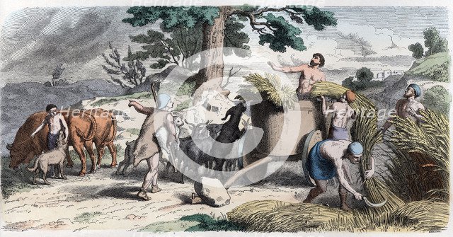 Ancient History. Greece. Farming and harvesting. German engraving, 1865.
