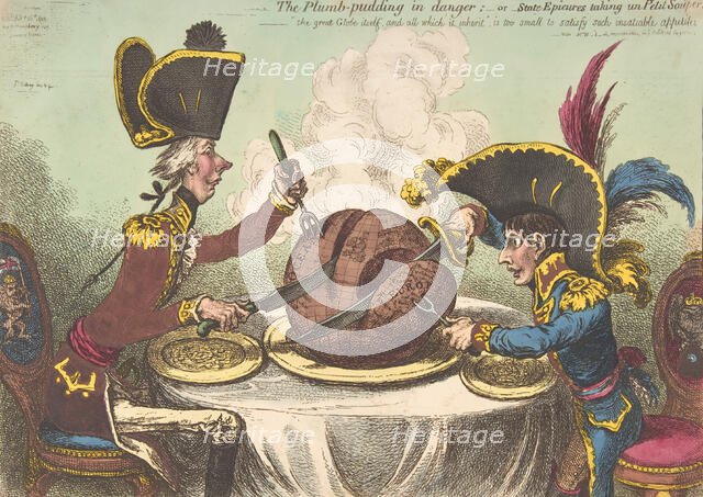The Plumb-Pudding in Danger;-or-State Epicures Taking un Petit Souper, Februa..., February 26, 1805. Creator: James Gillray.