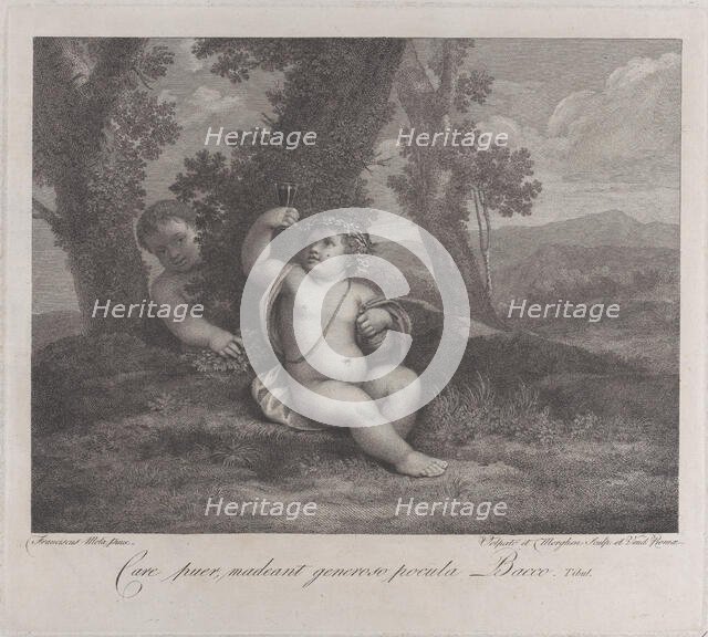 The infant Bacchus seated under a tree, holding up a wine glass, with another infant behin..., 1780. Creators: Raphael Morghen, Giovanni Volpato.
