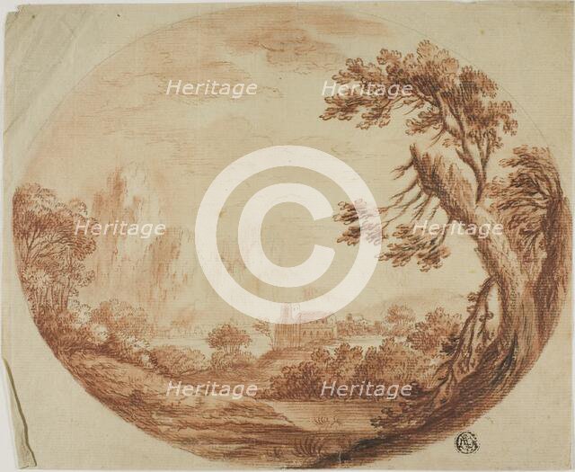 River Landscape with Mountains in Distance, Large Tree in Foreground, n.d. Creator: Unknown.