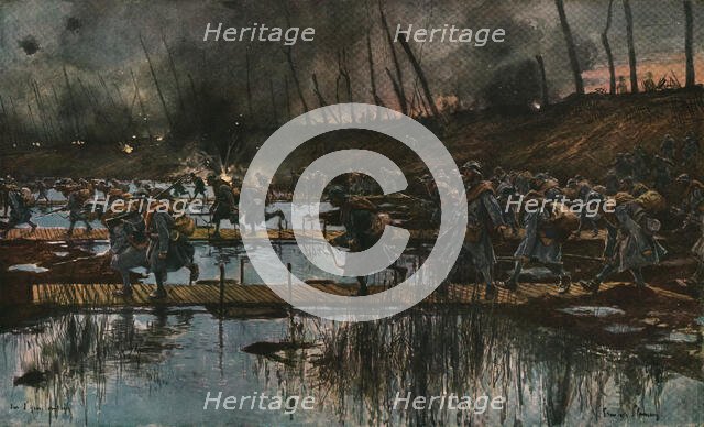 In Flanders; The Yser Offensive (1917); Cossing of the Yser canal by infantry...1917 Creator: Francois Flameng.