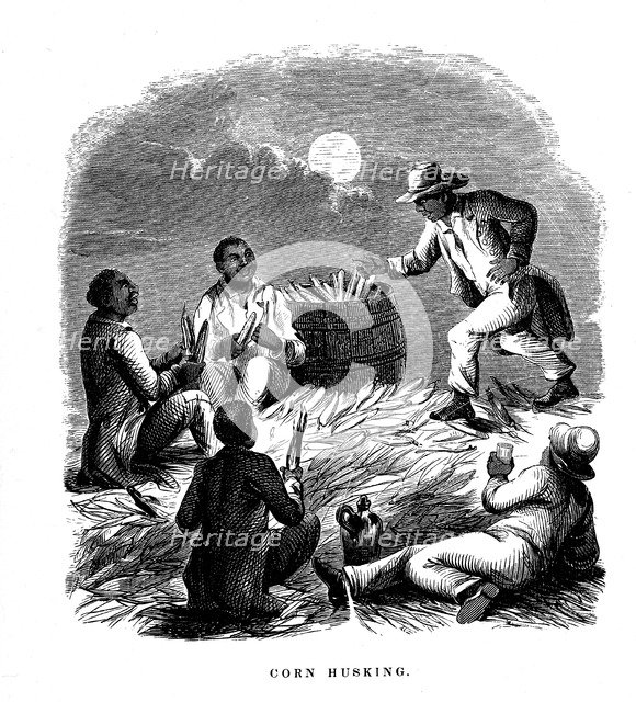 'Corn Husking'; Negro labourers husking maize, southern USA, c1850. Artist: Unknown