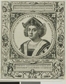 Christopher Columbus, frontispiece from volume 5 of Theodor de Bry's America, 1595. Creator: Johann Theodor de Bry.