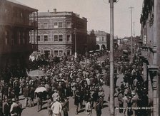 South Africa: a crowd of people gathered for trading in a chained off area outside the..., 1896. Creator: Barnett.