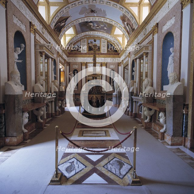 View of the gallery of statues at the Casita del Labrador (Farm worker little house) in the Royal…
