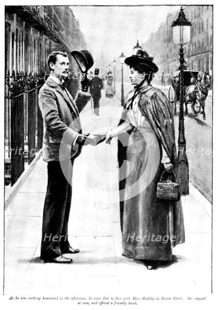 Eve's Ransom...he came face to face with Miss Madeley...She...offered a friendly hand, 1895. Creator: George Meisenbach.