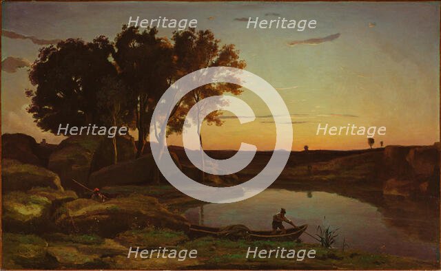 Landscape with Lake and Boatman, 1839. Creator: Jean-Baptiste-Camille Corot.