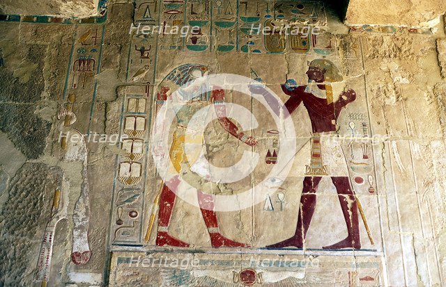 Hatshepsut, Queen of Egypt, presenting an offering to the god Horus. Artist: Unknown