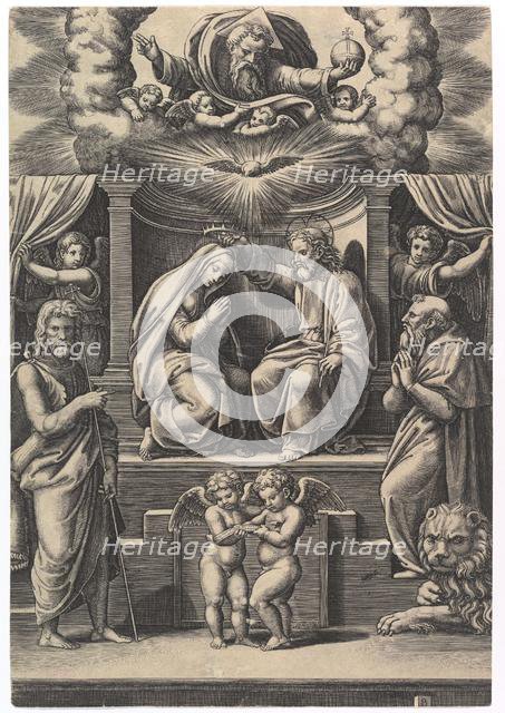 The Coronation of the Virgin, at lower left stands St John the Baptist, at lower right ..., 1530-60. Creator: Master of the Die.