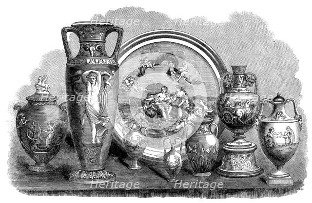 The International Exhibition: group of Wedgwood and majolica ware, by Wedgwood and Co., 1862. Creator: Unknown.