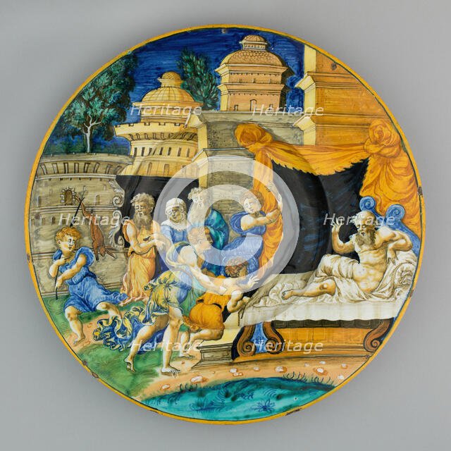 Plate with Isaac Blessing Jacob, Urbino, 1540/1545. Creator: Workshop of Guido di Merlino.