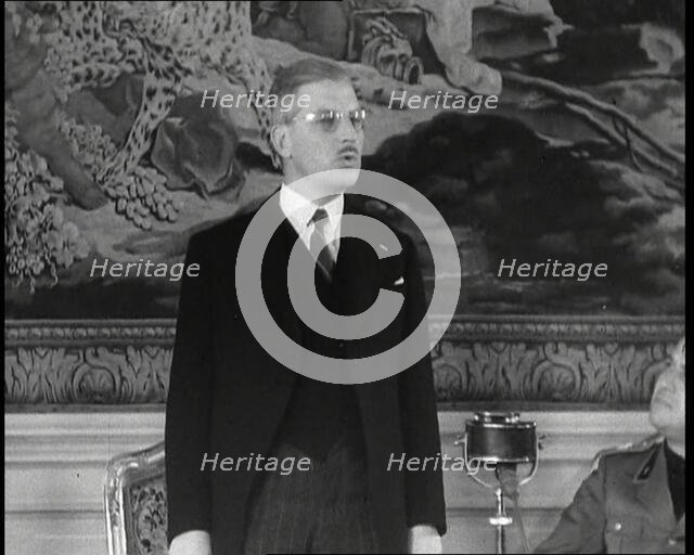 Kurt Schuschnigg, Austrian Chancellor Giving a Speech with Galeazzo Ciano, Italian Foreign..., 1930s Creator: British Pathe Ltd.