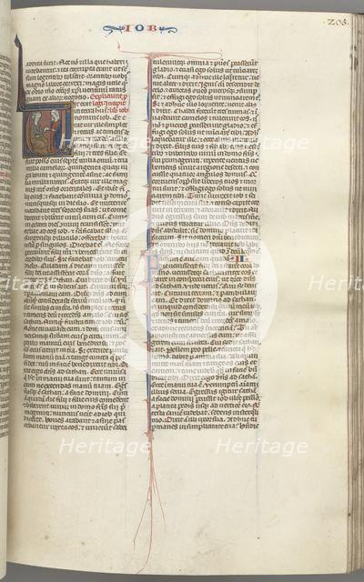 Fol. 205r, Job, historiated initial V, Job on the dungheap given a gold earring…, c. 1275-1300. Creator: Unknown.