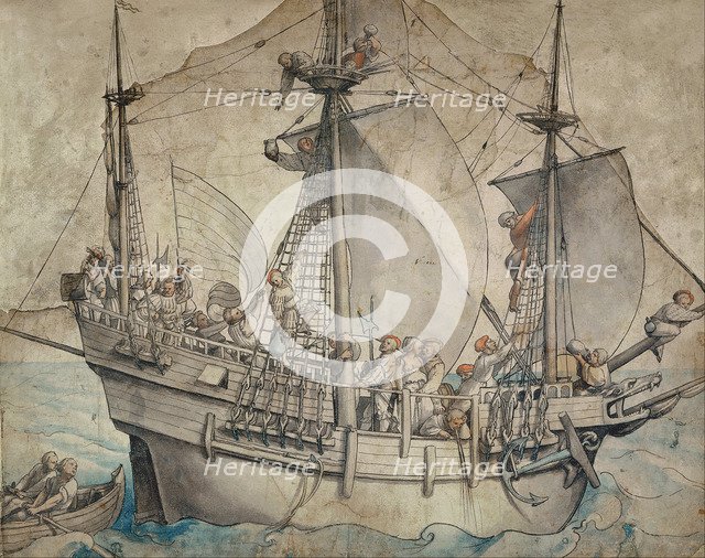 Ship with Revelling Sailors, Lansquenets and a Sutleress. Artist: Holbein, Hans, the Younger (1497-1543)