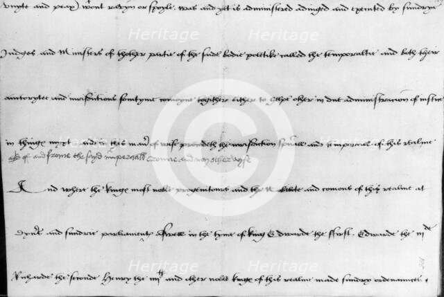 The "Act in Restraint of Appeals to Rome", reformation statute, 1533. Creator: Unknown.