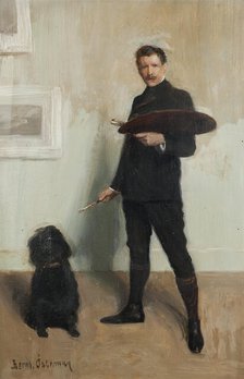 Self portrait with dog, c1910s. Creator: Gustav Bernhard Osterman.