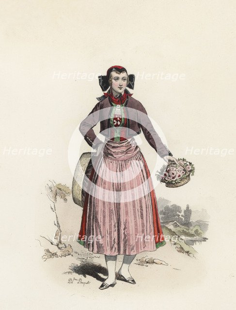 Florist in Hamburg, color engraving 1870.