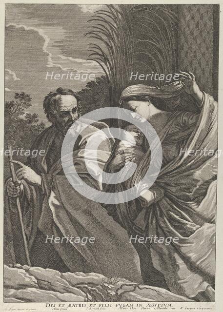 The Flight into Egypt; the Virgin carrying the infant Christ, Joseph pointing to th..., ca. 1635-57. Creator: Samuel Bernard.