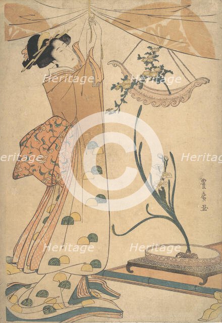 A Woman Tying up a Curtain, a Flower Arrangement of Chrysanthemums in a Boat-shaped Ha..., ca. 1805. Creator: Utagawa Toyohiro.