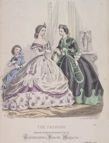 Two women and a child wearing the latest fashions, 1864. Artist: Anon