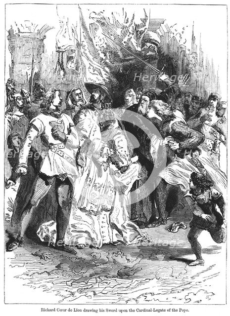 King Richard I (1157-1199) drawing his sword upon the Cardinal Legate of the Pope. Artist: Unknown