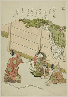 Ha: Guards at the "Love Passage," from the series "Tales of Ise in Fashionable..., c. 1772/73. Creator: Shunsho.