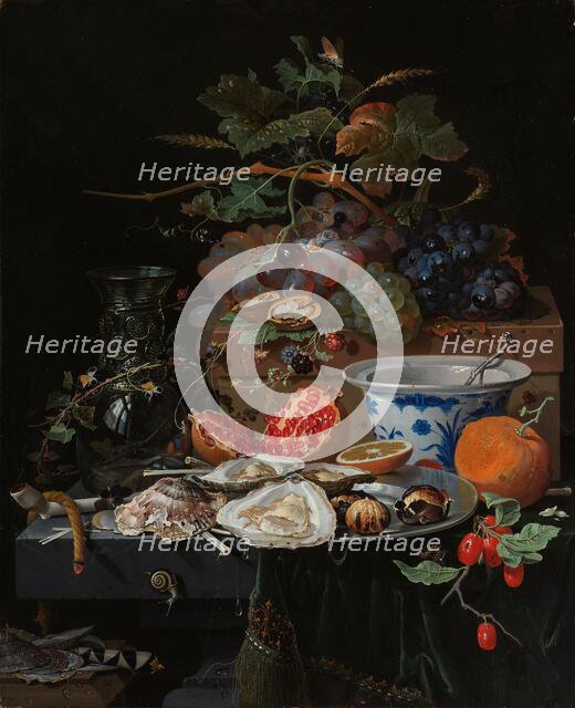 Still Life with Fruit, Oysters, and a Porcelain Bowl, 1660-1679. Creator: Abraham Mignon.