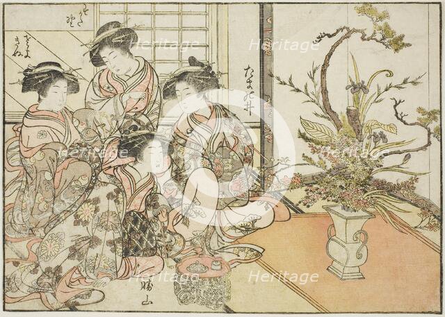 Courtesans of Yotsumaya, from the book "Mirror of Beautiful Women of the Pleasure Quarters..., 1776. Creator: Shunsho.