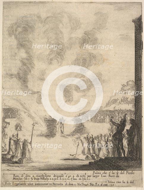 The test of fire, the monk Peter, the disciple Saint John Gualbert, passing through the fl..., 1640. Creator: Stefano della Bella.