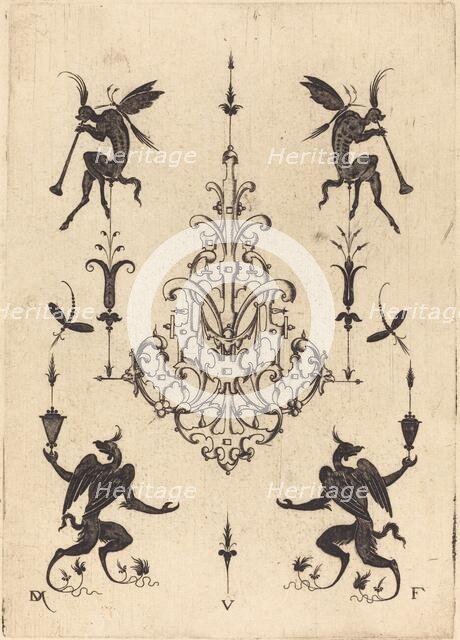 Brooch with Fantasy Creatures Blowing Horns at Top and Winged Griffins at Bottom, 1596. Creator: Daniel Mignot.