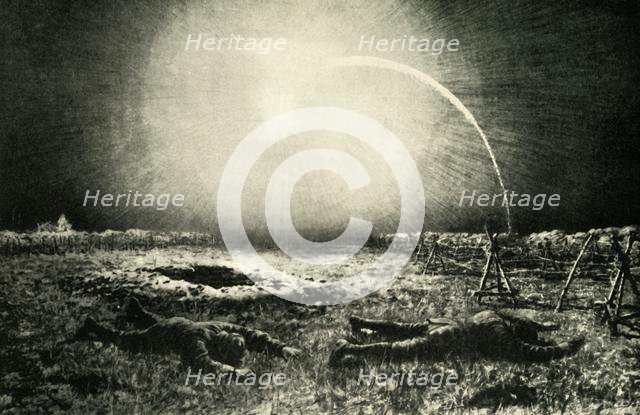 'Perils of Patrol Work in "No-Man's-Land"', First World War, 1915-1916, (c1920). Creator: A Forestier.