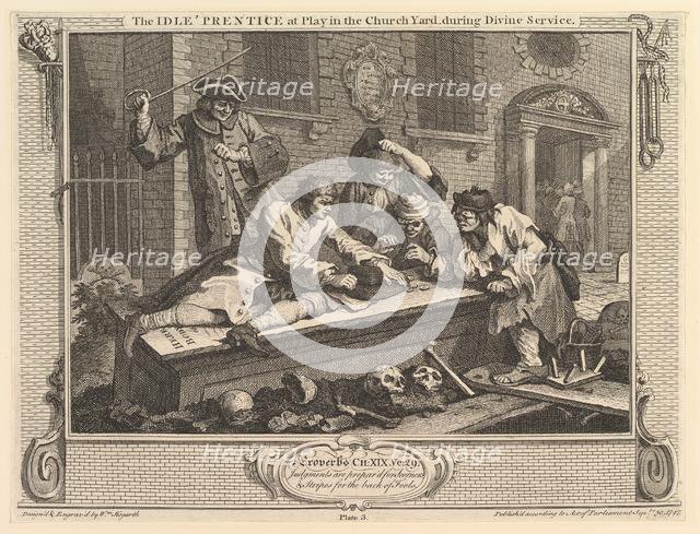 The Idle 'Prentice at Play in the Churchyard: Industry and Idleness, plate 3, September 30, 1747. Creator: William Hogarth.