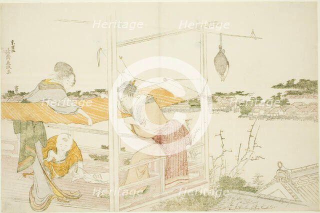Women on a Veranda Stretching Cloth to Dry, Japan, c. 1799. Creator: Hokusai.
