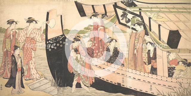 Women Landing from a Pleasure Boat Drawn Up to the Shore at Mukojima on Sumida River, ..., ca. 1785. Creator: Torii Kiyonaga.