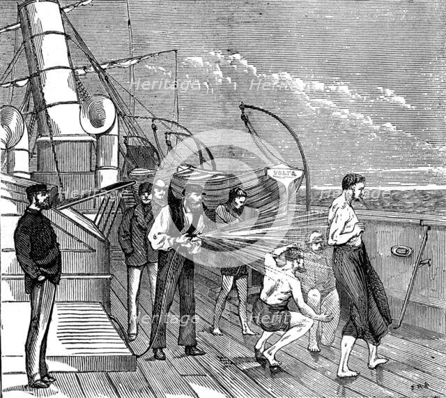 Our special artist's voyage to the Gold Coast - morning bath on board the Volta, 1873.  Creator: Unknown.
