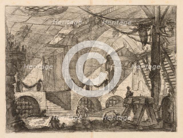 The Prisons: An Arched Chamber with Posts and Chains, 1745-1750. Creator: Giovanni Battista Piranesi (Italian, 1720-1778).