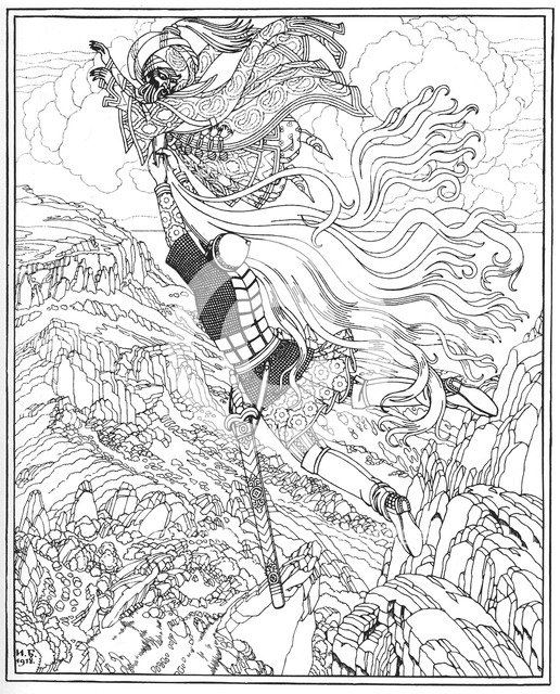 Flight of Chernomor and Ruslan. Illustration to the poem Ruslan and Lyudmila by A. Pushkin, 1918. Artist: Bilibin, Ivan Yakovlevich (1876-1942)