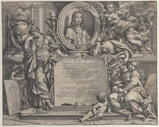Frontispiece with oval portrait of Raphael, with three allegorical figures of the Arts sup..., 1675. Creator: Carlo Maratti.