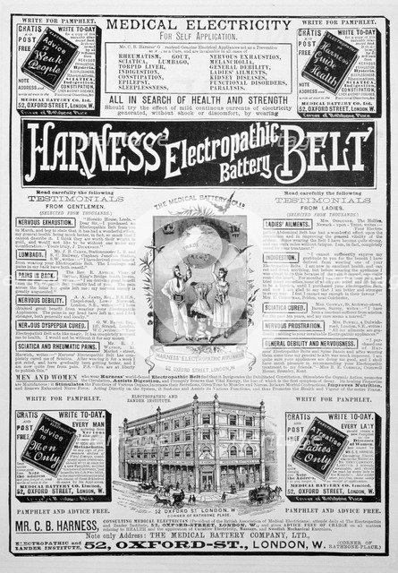 Harness Electropathic Battery Belt advert, 1893. Artist: Unknown