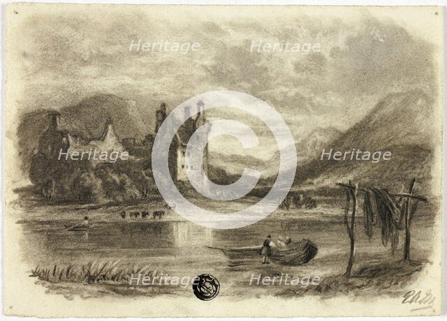 Fishermen Drying Nets before Castle, c. 1855. Creator: Elizabeth Murray.