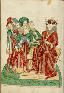 King Avenir Converses with his Courtiers; Barlaam und Josaphat, 1469. Creators: Hans Schilling, Diebolt Lauber.