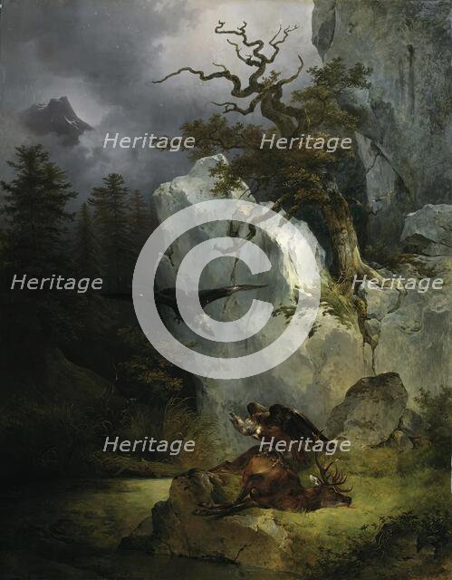 A vulture on a dead deer, 1832. Creator: Friedrich Gauermann.