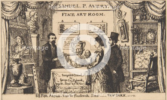 Trade Card for Samuel P. Avery--Fine Art Room, 1873., 1873. Creator: George Cruikshank.