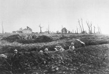 French infantry establishing fallback positions in front of a ruined farm, Picardy, France, 1918. Artist: Unknown
