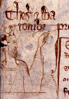 A stubbled King Edward I points to some lettering on a page from a memoranda roll, c1301.  Creator: Unknown.