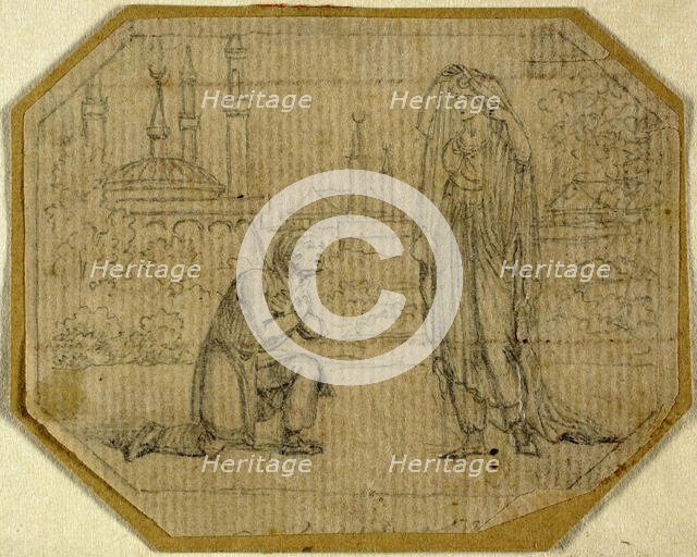 Man Kneeling Before Veiled Woman with Mosque in Background, n.d. Creator: Johann August Rossmassler.